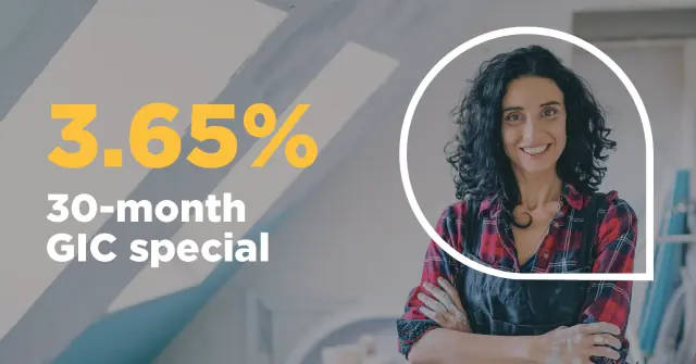 Smiling woman with arms crossed in a workshop. Overlaid text reads: &lsquo;3.65% 30-month GIC special.&rsquo;.