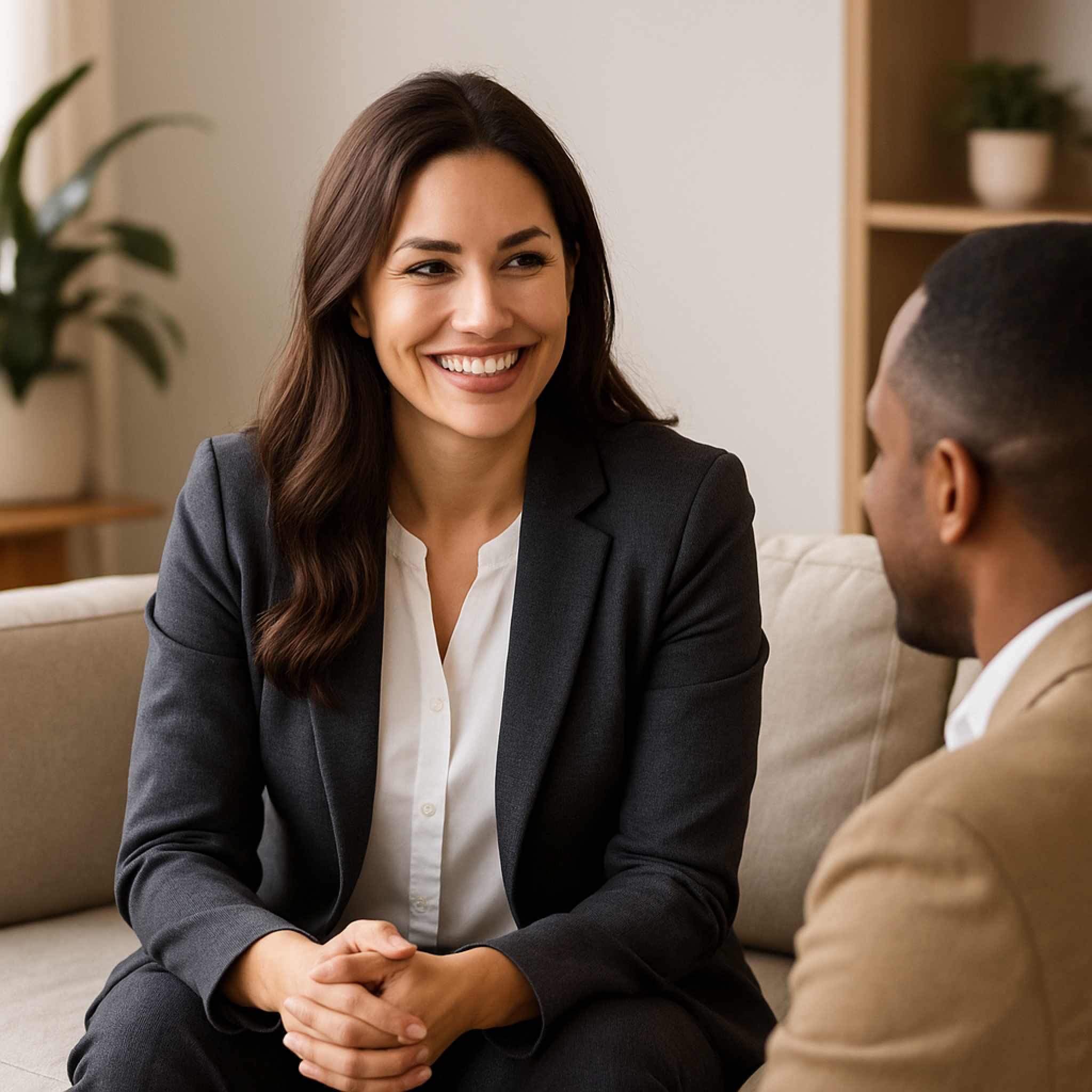 An advisor sits on a couch with a client.